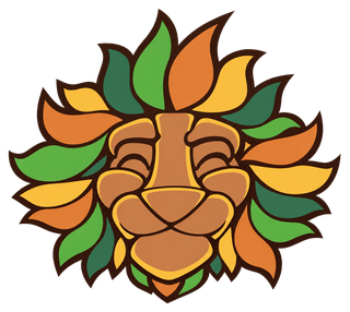 The Dutch-Smart mascot, a smiling lion head with a mane of leaves
